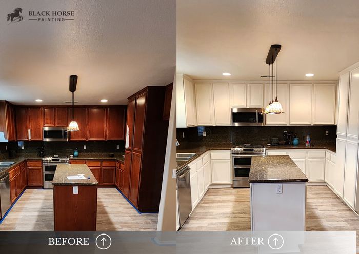 Before and after: Kitchen cabinets, cherry to white