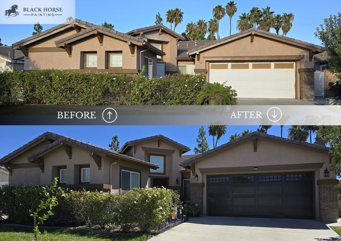 Before and after: Front elevation, black garage door