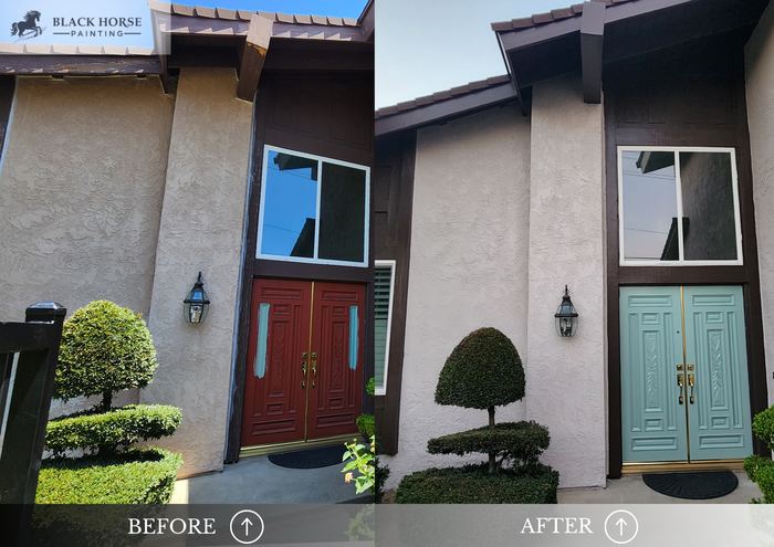 Before and after: Front entry doors, red to mint