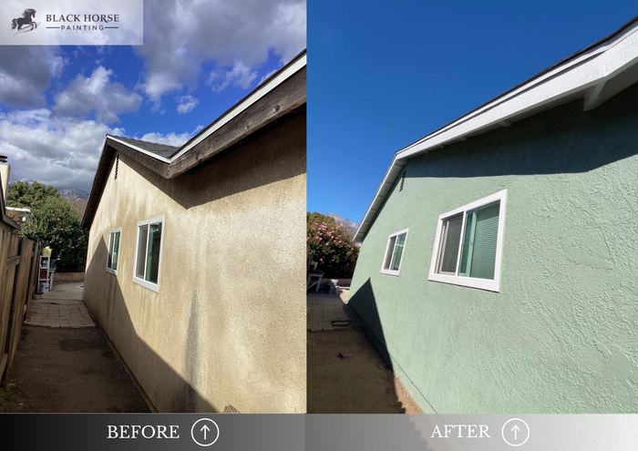 Before and after: Stucco side wall, sage green