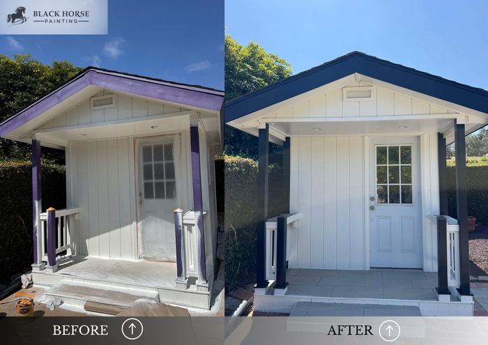 Before and after: Detached studio, white with navy trim