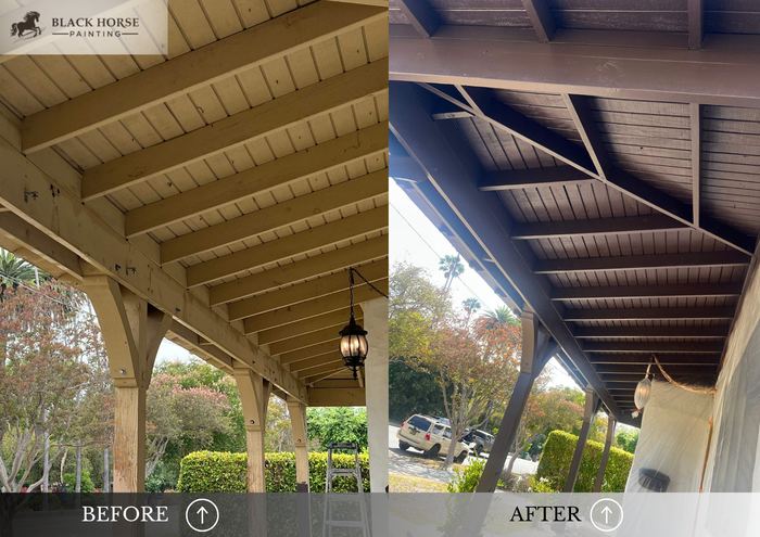 Before and after: Patio cover, dark brown finish