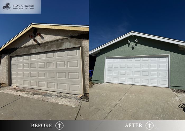 Before and after: Stucco patch around a garage, then paint