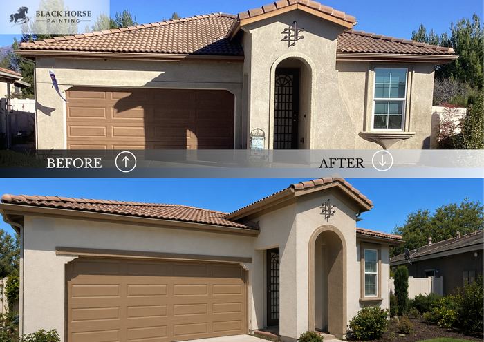 Before and after: Stucco exterior, warm white and taupe