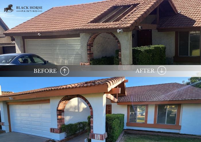 Before and after: Stucco exterior, white with warm brown trim