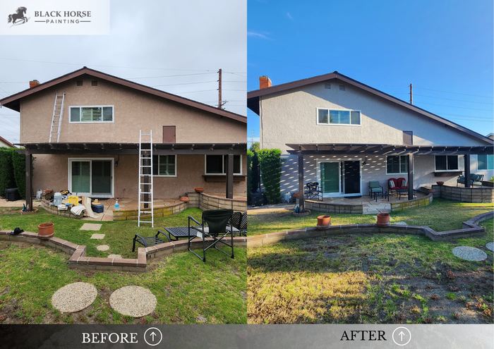 Before and after: Back elevation, warm white with dark trim