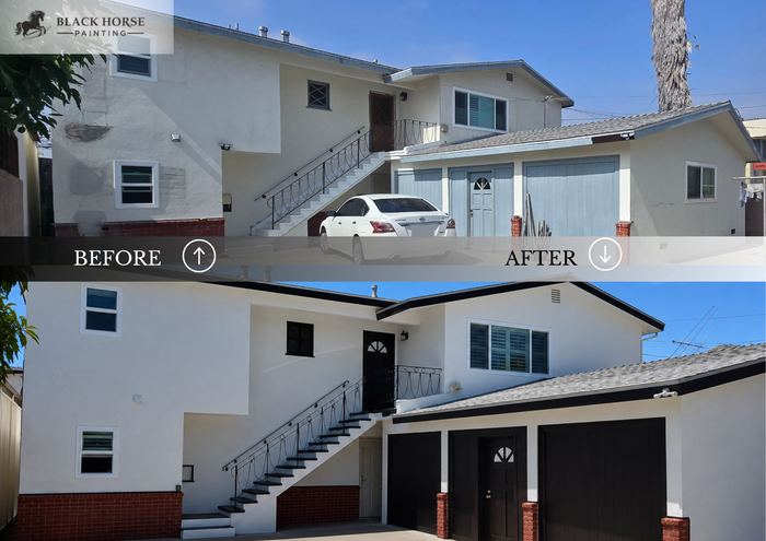 Before and after: Two-story exterior, white and black