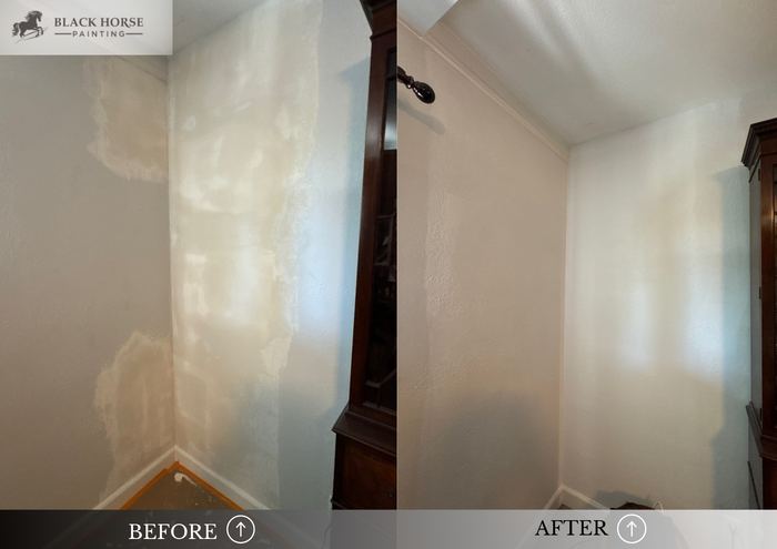 Before and after: Wall patching, blue gray