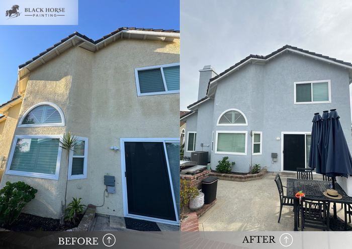 Before and after: Stucco exterior, blue gray